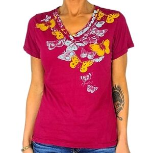 Saturday Market Short Sleeve CottonV Neck Shirt Size Medium Purple Butterflies